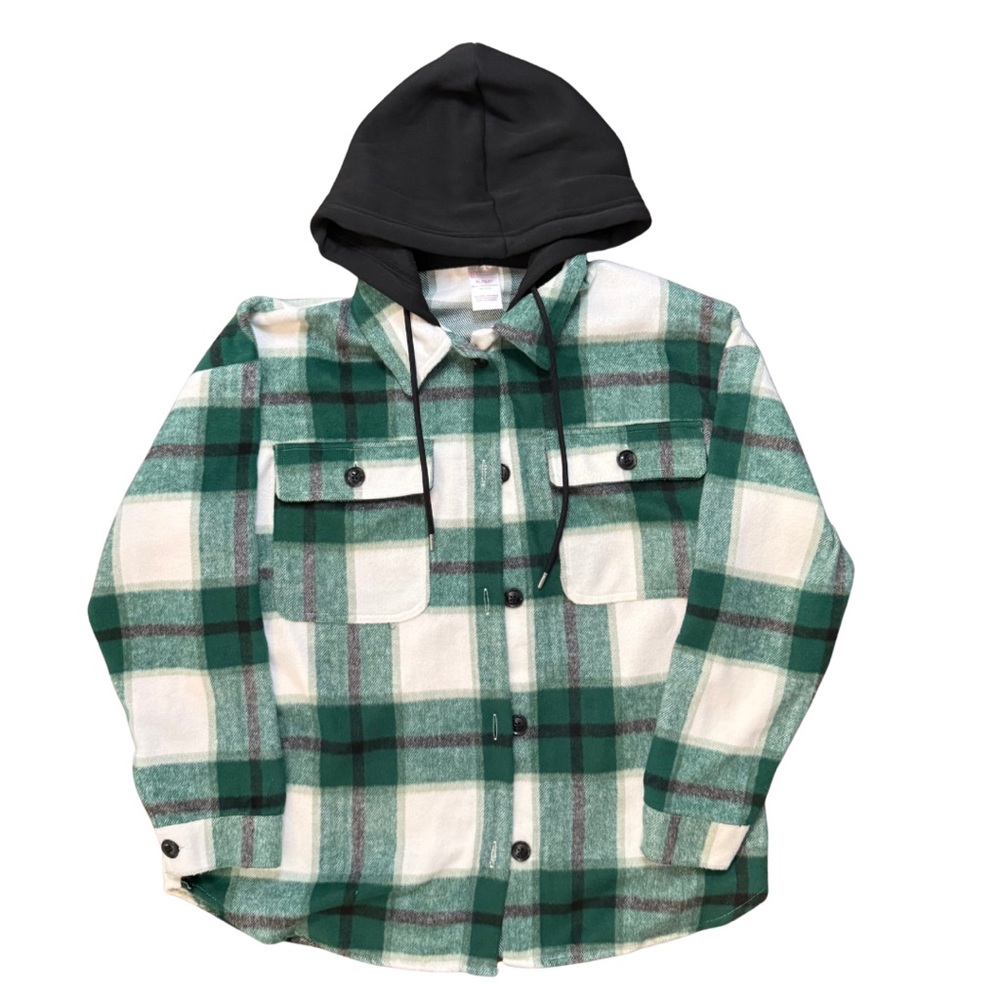 No Boundaries Oversized Green Plaid Long Sleeve Shirt with Hood